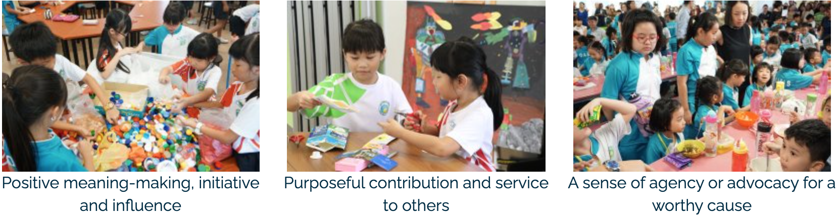 Three photos of young students in blue and white uniforms engaged in group activities, sharing items and collaborating.
